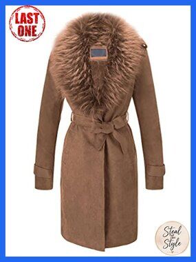 Faux Suede Leather Trench Coat Fleece Lined Belted
